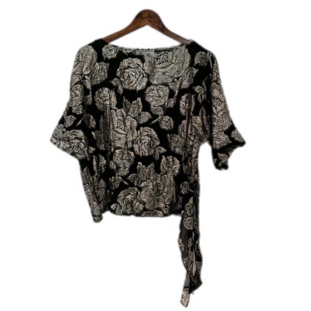 Teddi of California Blouse Women Small BlackSilver Metallic Rose Vintage Tie Hem